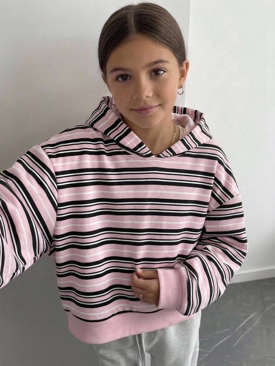 SHEIN Tween Girls Tween Girl Tween Girl Kids Striped Print Sweatshirt, Suitable For Autumn/Winter, Everyday Wear All Seasons - Pink - View 1