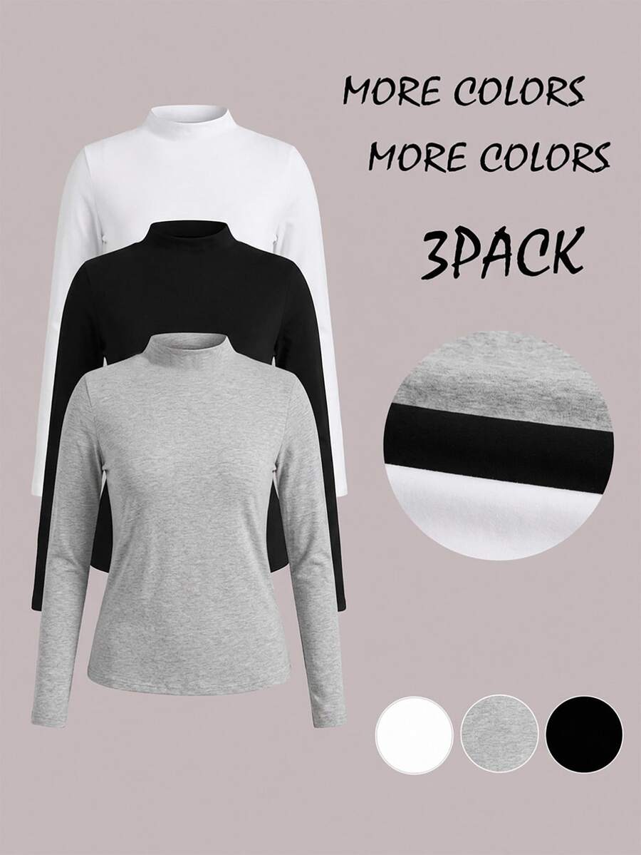 Easowa 3-Pack Women's Solid Color Stand Collar Long Sleeve Casual Basic T-Shirts Office White Black Light Grey Fall - Multicolor - View 1