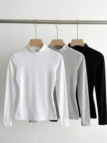 Easowa 3-Pack Women's Solid Color Stand Collar Long Sleeve Casual Basic T-Shirts Office White Black Light Grey Fall - Multicolor - View 2