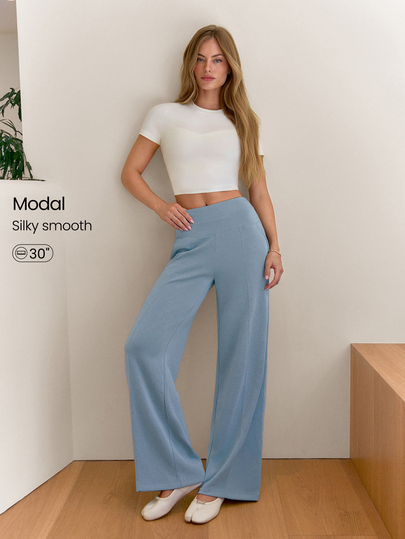 GLOWMODE SoftCalm Modal 30'' Regular Drift Wide Leg Pants Silk Touch High Waist With Side Pockets Autumn Winter Daily Wear