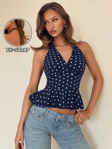 RiviMae Women's V-Neck Halter Ruffle Polka Dot Sleeveless Top, Suitable For Spring Music Festivals - Royal Blue - View 1
