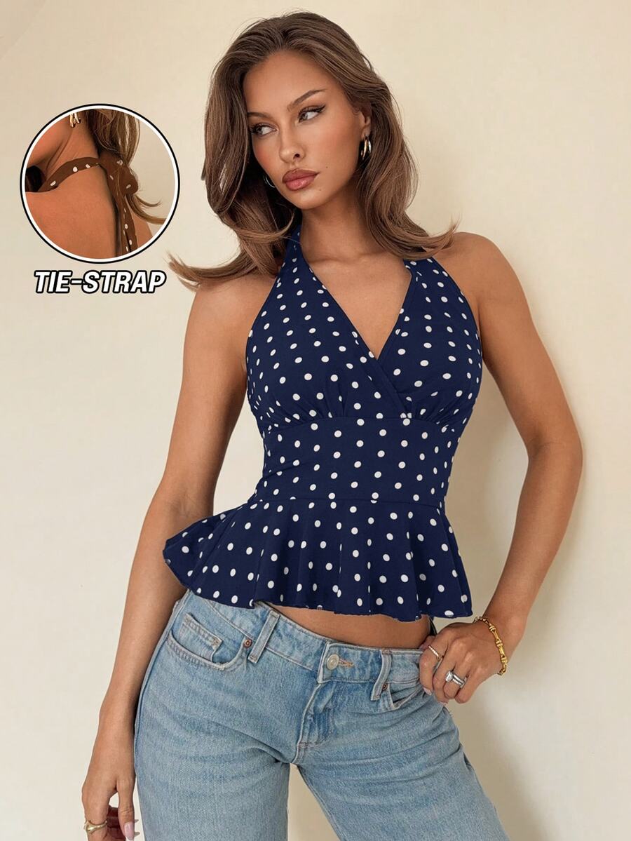 RiviMae Women's V-Neck Halter Ruffle Polka Dot Sleeveless Top, Suitable For Spring Music Festivals - Royal Blue - View 1