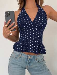 RiviMae Women's V-Neck Halter Ruffle Polka Dot Sleeveless Top, Suitable For Spring Music Festivals - Royal Blue - View 4