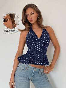 RiviMae Women's V-Neck Halter Ruffle Polka Dot Sleeveless Top, Suitable For Spring Music Festivals - Royal Blue - View 3