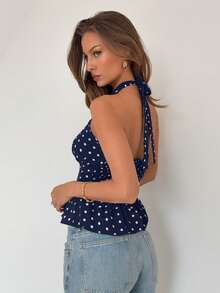 RiviMae Women's V-Neck Halter Ruffle Polka Dot Sleeveless Top, Suitable For Spring Music Festivals - Royal Blue - View 2