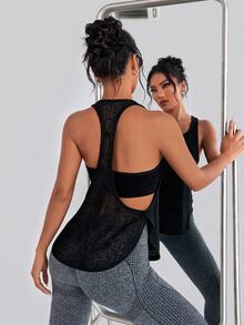 SHEIN Dewbera Women's Spider Web Mesh Patchwork Back Daily Fitness Racerback Tank Top - Black - View 1