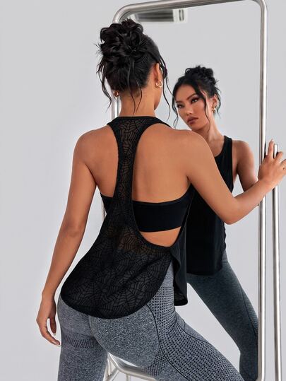 SHEIN Dewbera Women's Spider Web Mesh Patchwork Back Daily Fitness Racerback Tank Top