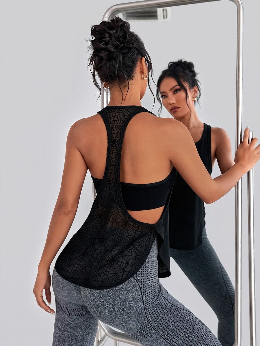 SHEIN Dewbera Women's Spider Web Mesh Patchwork Back Daily Fitness Racerback Tank Top - Black - View 1