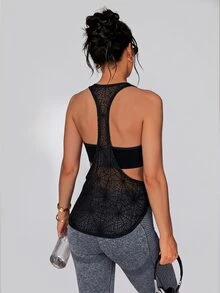 SHEIN Dewbera Women's Spider Web Mesh Patchwork Back Daily Fitness Racerback Tank Top - Black - View 3