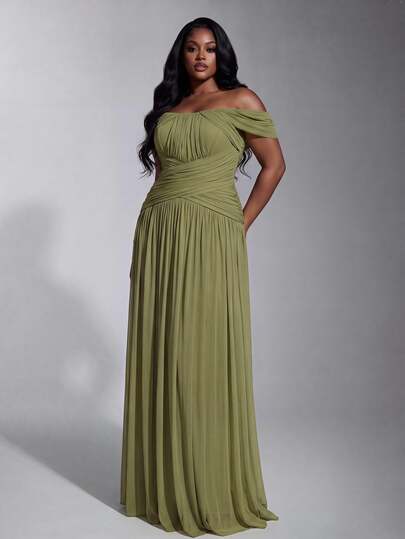 Elitara Plus-Size Olive Green Fall Classy Formal Wedding Dinner Cold Shoulder Tulle Dress, Lace Trim, Elastic Waist Pleats, Deep A-Line Evening Gown Elegant