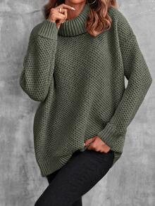 SHEIN Plus Size Warm Winter Turtleneck Ribbed Sweater - Army Green - View 8