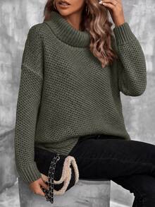 SHEIN Plus Size Warm Winter Turtleneck Ribbed Sweater - Army Green - View 4