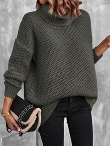 SHEIN Plus Size Warm Winter Turtleneck Ribbed Sweater - Army Green - View 9