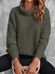 SHEIN Plus Size Warm Winter Turtleneck Ribbed Sweater - Army Green - View 6