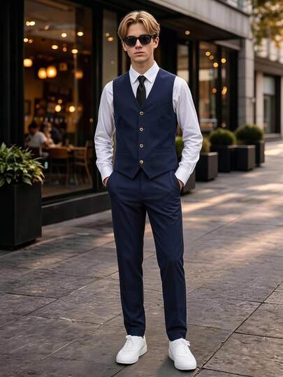 SHEIN 2pcs/Set Teen Boy Gentleman Outfit,Navy Blue Slim Fit Vest+Textured Pants,Elegant Formal Suit For Wedding Guest,Pageboy,Ring Bearer,Summer,Christmas