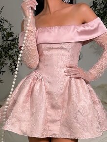 Glamine Charm Women's Elegant Cold Shoulder Lace Sleeve Patchwork Mini Dress, Birthday Party Cocktail, Back To School, Graduation Prom New Year Dusty Pink Fall - Pink - View 8