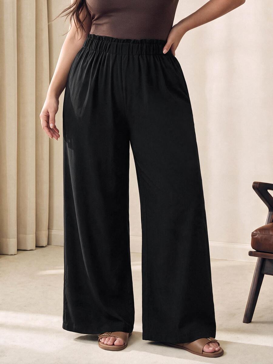 SHEIN LUNE Plus Size Women's Solid Color Elastic Waist Wide Leg Loose Pants With Ruffled Hem Fall Cloth For Women - Black - View 1