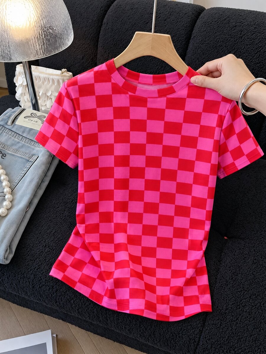 SHEIN 青少年女孩格紋圓領短袖T恤，夏季休閒街頭風穿搭，舒適日常度假開學穿搭，Y2K風格