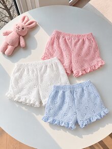 SHEIN 3件組女嬰褲子 粉色、白色、嬰兒藍 心形條紋印花 波浪邊舒適柔軟休閒可愛夏季居家款 - 彩色 - 查看 2