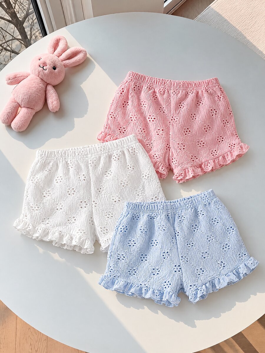 SHEIN 3件組女嬰褲子 粉色、白色、嬰兒藍 心形條紋印花 波浪邊舒適柔軟休閒可愛夏季居家款