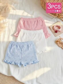 SHEIN 3件組女嬰褲子 粉色、白色、嬰兒藍 心形條紋印花 波浪邊舒適柔軟休閒可愛夏季居家款 - 彩色 - 查看 4