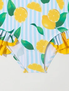 Young Girls' Lemon Pattern One-Piece Swimsuit With Ruffle Trim And No Bound Edges - Multicolor - View 5