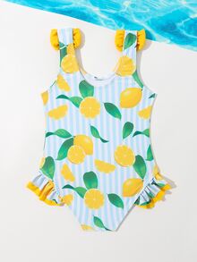 Young Girls' Lemon Pattern One-Piece Swimsuit With Ruffle Trim And No Bound Edges - Multicolor - View 2