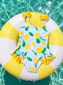 Young Girls' Lemon Pattern One-Piece Swimsuit With Ruffle Trim And No Bound Edges - Multicolor - View 1