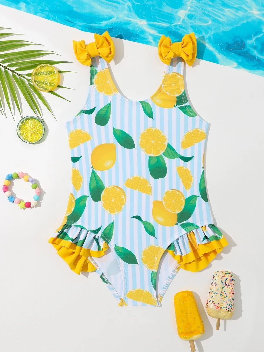 SHEIN Young Girls' Lemon Pattern One-Piece Swimsuit With Ruffle Trim And No Bound Edges - Multicolor - View 1