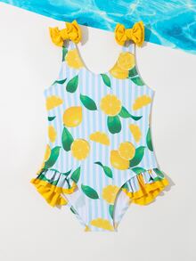 Young Girls' Lemon Pattern One-Piece Swimsuit With Ruffle Trim And No Bound Edges - Multicolor - View 4
