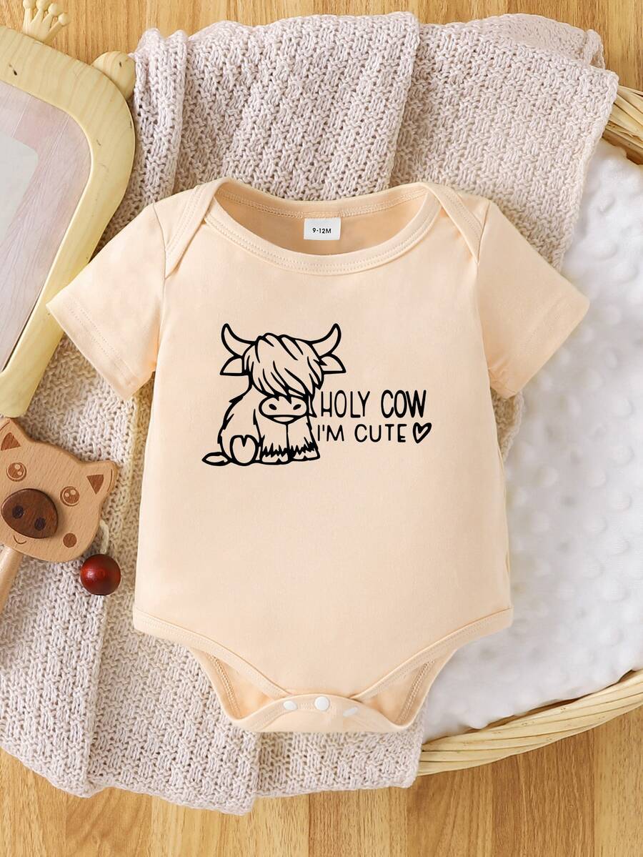 SHEIN Infant Boy Holy Cow I'm Cute Print Romper, Round Neck Short Sleeve Bodysuit, Beige Summer Baby Clothing - Yellow - View 1