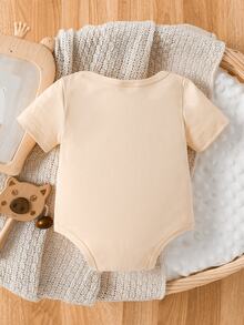 SHEIN Infant Boy Holy Cow I'm Cute Print Romper, Round Neck Short Sleeve Bodysuit, Beige Summer Baby Clothing - Yellow - View 2