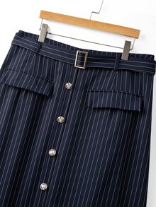 GlowEve CURVE Casual Plus Size Geometric Pattern Navy Blue Woven Fabric Long Skirt A Line With Pockets And Belt Details Fall - Navy Blue - View 7
