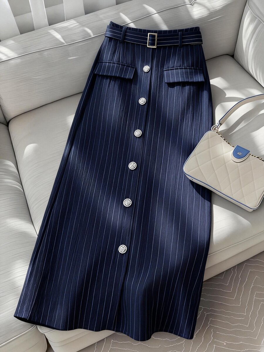 GlowEve CURVE Casual Plus Size Geometric Pattern Navy Blue Woven Fabric Long Skirt A Line With Pockets And Belt Details Fall - Navy Blue - View 1