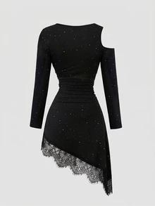 GlowEve Women's Metal Decor Shoulder Cutout Long Sleeve Contrast Lace Asymmetric Hem Fashion Glitter Dress - Black - View 2