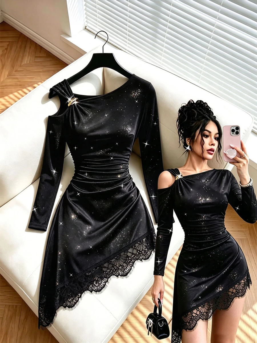 GlowEve Women's Metal Decor Shoulder Cutout Long Sleeve Contrast Lace Asymmetric Hem Fashion Glitter Dress - Black - View 1