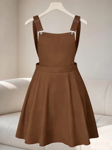 GlowEve CURVE Plus Solid Overall Dress Pinafore Dress Fall - Brown - View 1
