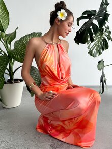 RiviMae Women's Halter Neck Cami Draped Maxi Dress Orange Plants Pattern Slit Hem - Orange - View 6