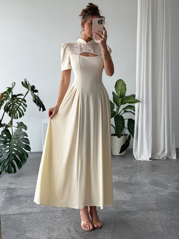 RiviMae Women's New Arrival Mandarin Collar Patchwork Hollow-Out Elegant Dress - Apricot - View 5