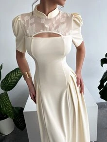 RiviMae Women's New Arrival Mandarin Collar Patchwork Hollow-Out Elegant Dress - Apricot - View 2