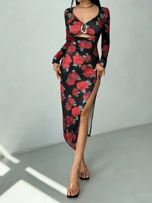 RiviMae Sexy Black Knitted Fabric Long Sleeve V Neck Bodycon Midi Dress With Random Rose Print And Slit Thigh Detail - Black - View 5