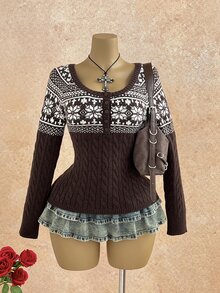 Mori Grove Mori Grove Women's Coffee Brown Fashion Casual Versatile Vintage Cable Classic Cable Knit Half-Open Button-Front Pullover Sweater, Autumn/Winter - Coffee Brown - View 3