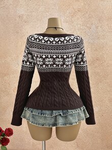 Mori Grove Mori Grove Women's Coffee Brown Fashion Casual Versatile Vintage Cable Classic Cable Knit Half-Open Button-Front Pullover Sweater, Autumn/Winter - Coffee Brown - View 2