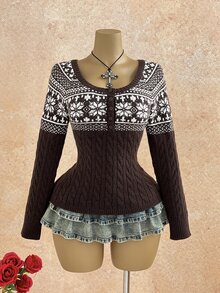 Mori Grove Mori Grove Women's Coffee Brown Fashion Casual Versatile Vintage Cable Classic Cable Knit Half-Open Button-Front Pullover Sweater, Autumn/Winter - Coffee Brown - View 4