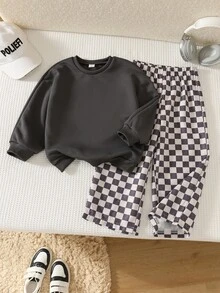 SHEIN 小男孩休閒運動 Y2K 日系舒適街頭風百搭背印衛衣褲套裝，2 件組，適合外出、上學、日常聚會，春夏秋冬四季穿著，返校穿搭，秋季穿搭 - 彩色 - 查看 3