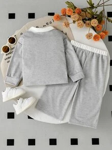 Baby Girl Casual Preppy 2 Pieces Set, Autumn Minimalist Brown Long Sleeve Polo Collar Top & Wide Leg - Light Grey - View 2