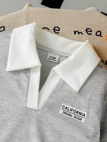 Baby Girl Casual Preppy 2 Pieces Set, Autumn Minimalist Brown Long Sleeve Polo Collar Top & Wide Leg - Light Grey - View 11