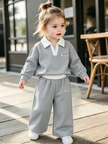 Baby Girl Casual Preppy 2 Pieces Set, Autumn Minimalist Brown Long Sleeve Polo Collar Top & Wide Leg - Light Grey - View 1