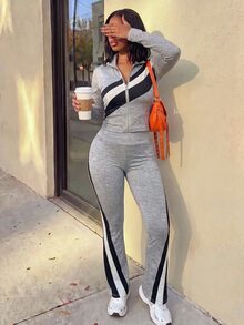 Core Rhythm 2026 Contrast Color Block Sports Set, 3D Towel Letter Patch Casual Low-Waist Pants For Men And Women, Cardigan Jacket Two Pieces Set Street Style Y2K S - Grey - View 4