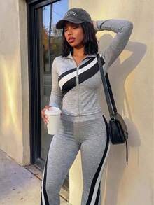 Core Rhythm 2026 Contrast Color Block Sports Set, 3D Towel Letter Patch Casual Low-Waist Pants For Men And Women, Cardigan Jacket Two Pieces Set Street Style Y2K S - Grey - View 3